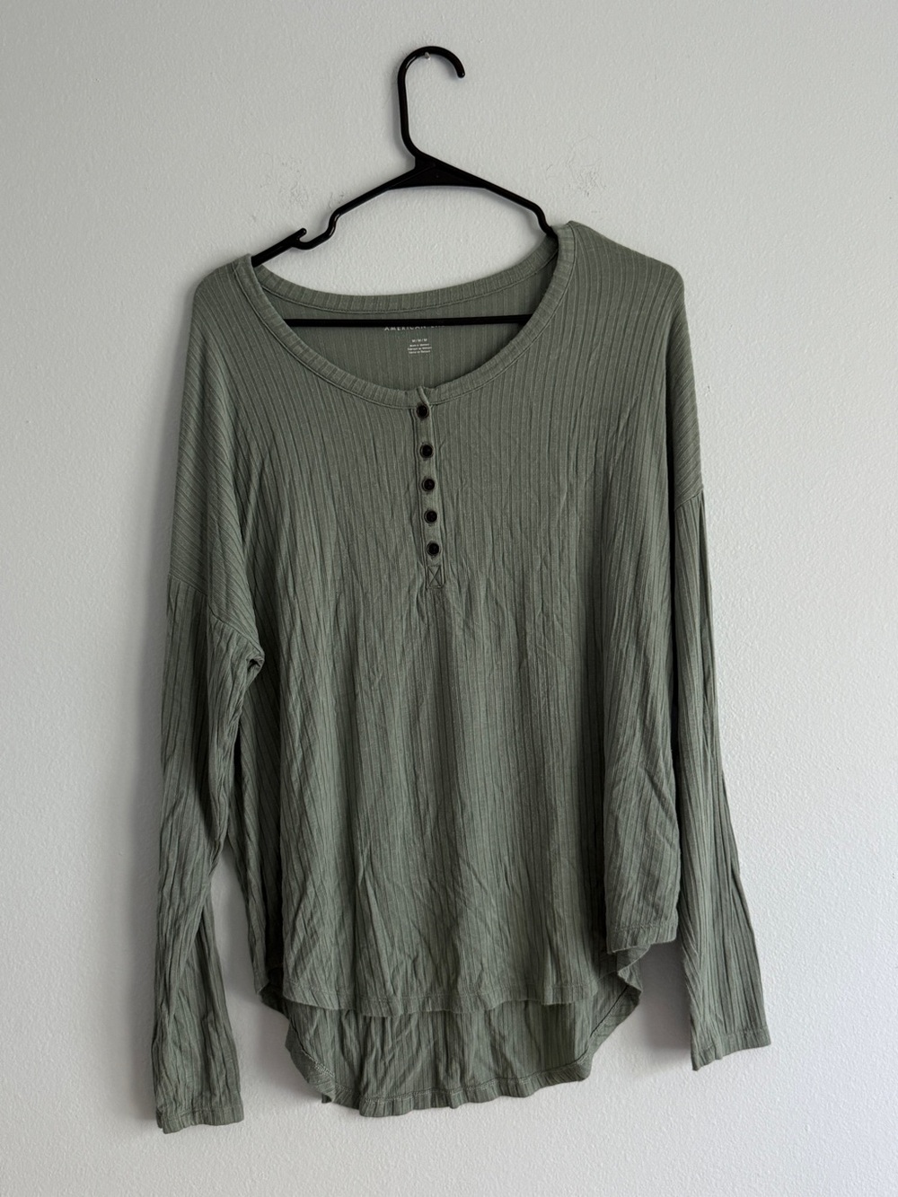 American Eagle Ribbed Henley Long-Sleeve Top in Sage Green